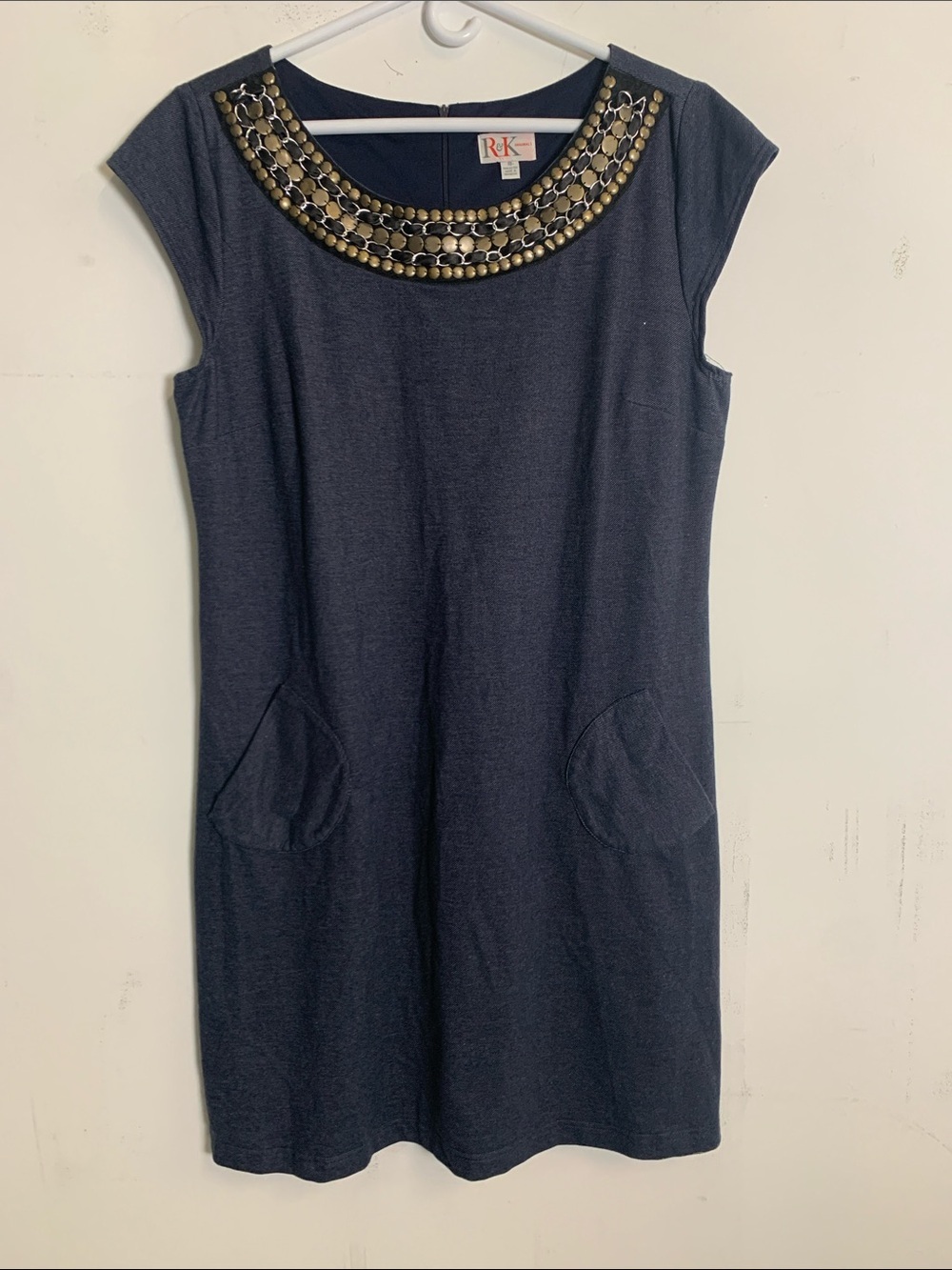 RK Navy Embellished Neckline Mini Dress